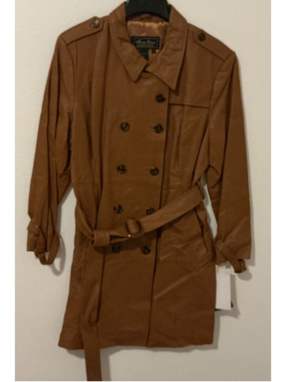 NWT Terry Lewis Leather Trench Coat 1X Plus Cognac Brown Double Breasted Belted.